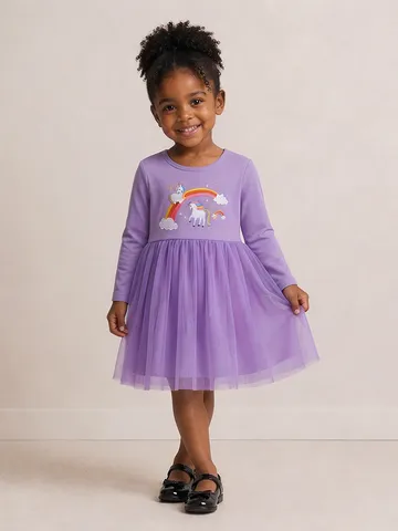Vestito da Bambina con Stampa Arcobaleno e Unicorno Manica Lunga Autunno Stile Occidentale Abiti da Principessa in Mesh per Feste di Bambini