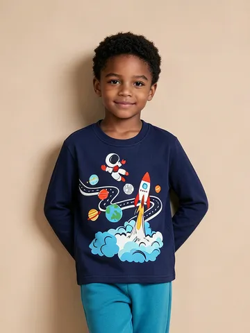 Maglietta da Ragazzo Casual in Cotone a Maniche Lunghe Stampa Spaziale Razzo Astronauta Girocollo Top per Bambini Stile Europeo Autunno