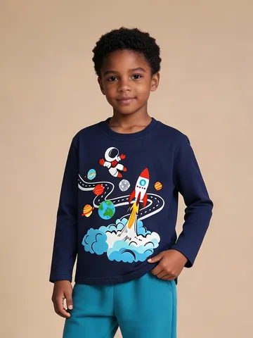Maglietta da Ragazzo Casual in Cotone a Maniche Lunghe Stampa Spaziale Razzo Astronauta Girocollo Top per Bambini Stile Europeo Autunno