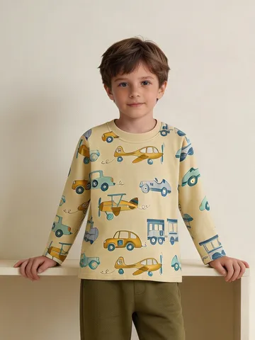 Camiseta de Manga Larga para Niños de Puro Algodón Estilo Occidental Cuello Redondo Casual Estampado Camiseta Algodón Retro Dibujos Animados Coche Avión Estampado Sudadera Otoño