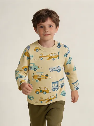 Camiseta de Manga Larga para Niños de Puro Algodón Estilo Occidental Cuello Redondo Casual Estampado Camiseta Algodón Retro Dibujos Animados Coche Avión Estampado Sudadera Otoño