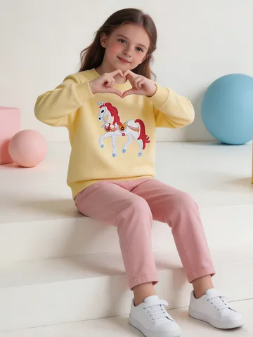 Toddler Girls Casual Cotton Pullover Sweatshirt Cute Cartoon Unicorn Print Round Neck Long Sleeve Clothing Top For Kids
