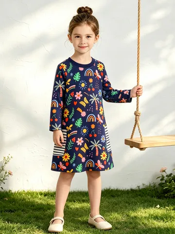 Mädchen Langarm Baumwolle Strickkleid Casual Cartoon Druck Prinzessin A-Linie Pullover Rundhals Kleid Mit Taschen Für Herbst