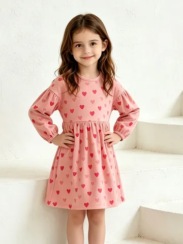 Mädchen Süßes Baumwolle Langarm Kleid Rosa Herz Bedruckt Rundhals Prinzessin Kleider Für Kinder Kleinkind Lässig A-Linien-Rock Kleidung