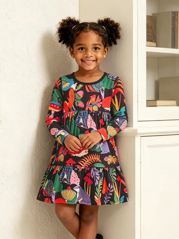 Vestito a Maniche Lunghe in Cotone per Bambina Stampa Animale Foresta Girocollo Principessa per Autunno Primavera Vestiti Quotidiani