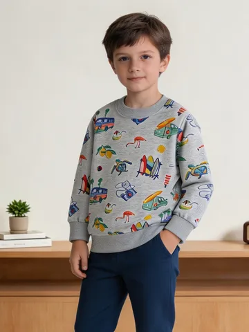 Kids Western Style Car Print Sweatshirt Casual Round Neck Pullover Long Sleeve Cotton Top For Boys Girls