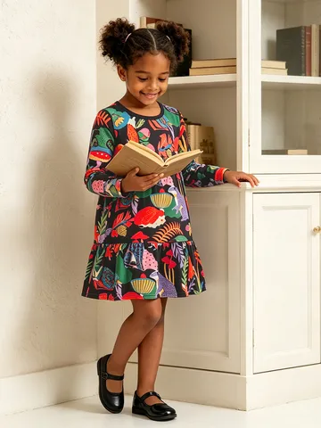 Vestito a Maniche Lunghe in Cotone per Bambina Stampa Animale Foresta Girocollo Principessa per Autunno Primavera Vestiti Quotidiani