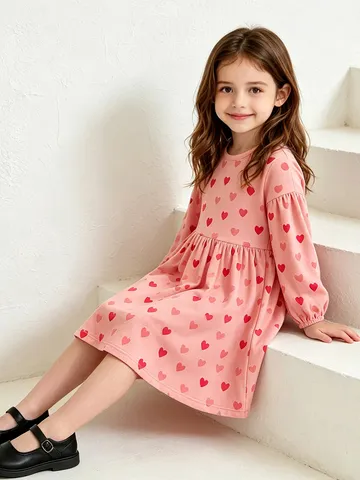 Mädchen Süßes Baumwolle Langarm Kleid Rosa Herz Bedruckt Rundhals Prinzessin Kleider Für Kinder Kleinkind Lässig A-Linien-Rock Kleidung