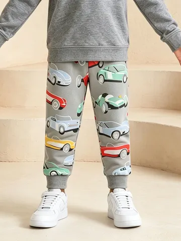 Pantalones de Chándal Casuales para Niño Estilo Europeo Estampado de Coches Animados Pantalones Jogger de Algodón para Niños Pequeños
