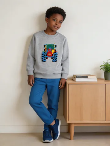 Felpa Girocollo in Cotone Stile Occidentale da Ragazzo Pullover a Maniche Lunghe Ricamato con Trattore Animato per Bambini Abbigliamento Sportivo Quotidiano