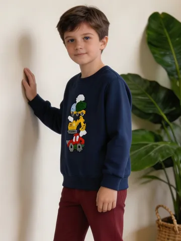 Felpa Pullover da Ragazzo in Cotone Casual Occidentale Con Ricamo di Asciugamani Auto Cartoni Animati Girocollo a Maniche Lunghe
