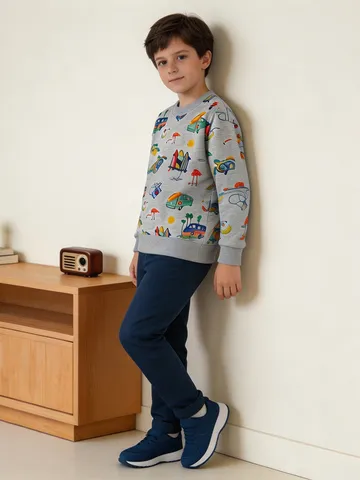Kids Western Style Car Print Sweatshirt Casual Round Neck Pullover Long Sleeve Cotton Top For Boys Girls