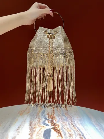 Women Luxurious Tassel Sequin Evening Bag Elegant Pleated Bucket Bag With Ring Metal Handle Shiny Rhinestone Dinner Purse For Party Elegant Ladies Pouch