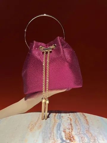 Luxury Rhinestone Evening Bucket Bag With Metal Handle Chain Strap Polyester Shiny Handbag For Women Banquet Party Dress Clutch Purse