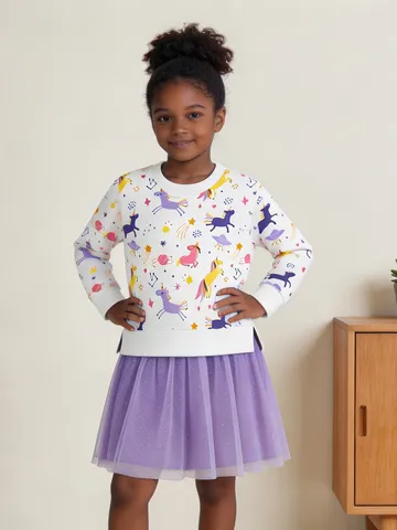 Girls Western Casual Long Sleeve Sweatshirt Mesh Dress Kids Unicorn Cartoon Starry Sky Print Princess Patchwork Frock