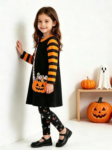 Girls Halloween Pullover Top And Bottom Set Long Sleeve Striped Pumpkin Patch Dress Shirt Pattern Printed Leggings Clothing Set
