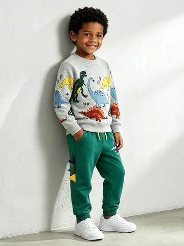 Jungen Western Strickbaumwolle Cartoon Dinosaurier Gestickt Pullover Sweatshirt Und Lange Jogginghose Zweiteiliges Casual Kleidung Set Für Herbst Kleinkind Kinder