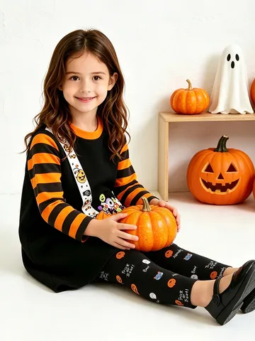 Girls Halloween Pullover Top And Bottom Set Long Sleeve Striped Pumpkin Patch Dress Shirt Pattern Printed Leggings Clothing Set