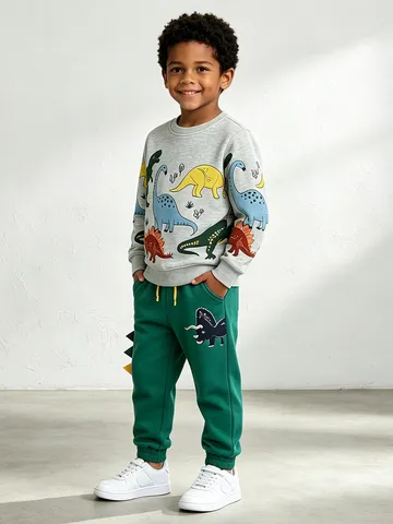 Jungen Western Strickbaumwolle Cartoon Dinosaurier Gestickt Pullover Sweatshirt Und Lange Jogginghose Zweiteiliges Casual Kleidung Set Für Herbst Kleinkind Kinder