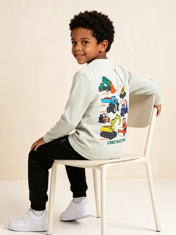 Boys Casual Cotton Long Sleeve T-Shirt Graphic Construction Car Print Round Neck Pullover Top For Toddler Kids