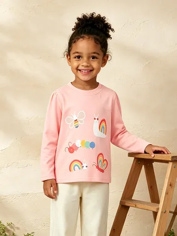Girls Cotton Long Sleeve T-Shirt Euro-American Pullover Round Neck Top Cartoon Rainbow Animal Printed Kids Casual Clothes