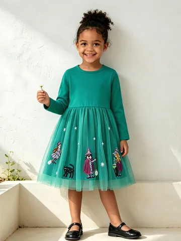 Meisjes Jurk met Lange Mouwen Prinsessenjurk Euro Stijl Cartoon Patchwork Tule Kinderen Heks Kat Borduurwerk Halloween