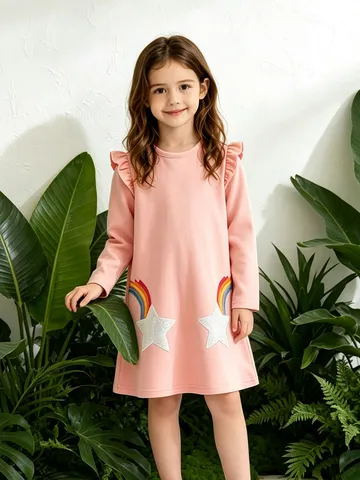 Meisjes Lange Mouwen Katoen Gebreide Jurk Geborduurd Ster Regenboog Prinsessenjurk Ronde Hals Ruches Casual Outfits Zoete Herfst Winter Jurk