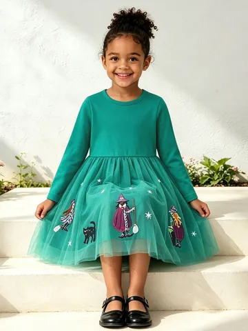 Meisjes Jurk met Lange Mouwen Prinsessenjurk Euro Stijl Cartoon Patchwork Tule Kinderen Heks Kat Borduurwerk Halloween