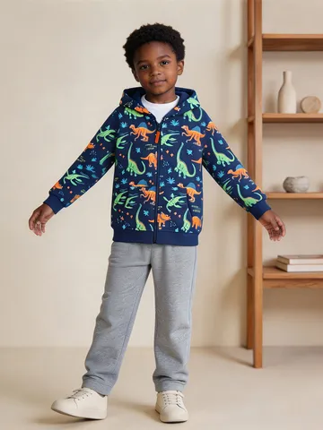 Giacca da Ragazzo con Cappuccio e Cerniera Stampa Dinosauro Misto Cotone Cardigan Bambino Abbigliamento Autunnale Casual