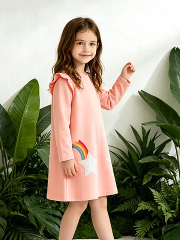 Meisjes Lange Mouwen Katoen Gebreide Jurk Geborduurd Ster Regenboog Prinsessenjurk Ronde Hals Ruches Casual Outfits Zoete Herfst Winter Jurk