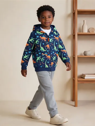 Giacca da Ragazzo con Cappuccio e Cerniera Stampa Dinosauro Misto Cotone Cardigan Bambino Abbigliamento Autunnale Casual
