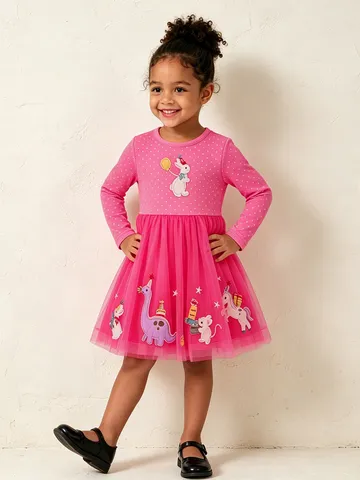 Vestito da Bambina Dolce a Pois Manica Lunga in Mesh Cotone Patchwork Applicato Animale del Fumetto Tutù Vestito da Principessa per Bambini Abbigliamento