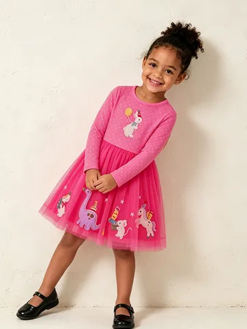 Vestito da Bambina Dolce a Pois Manica Lunga in Mesh Cotone Patchwork Applicato Animale del Fumetto Tutù Vestito da Principessa per Bambini Abbigliamento