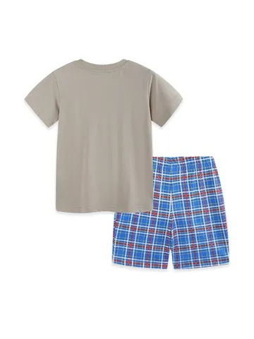 Completo da Tuta Estivo in Cotone per Bambini Stile Occidentale Manica Corta Stampata Top E Pantaloncini a Quadri Abbigliamento Sportivo
