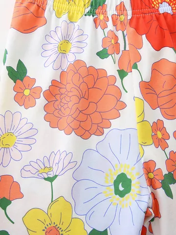 Western Style Cute Floral Printed Girls Leggings Summer Kids Shorts Knit Cotton Toddler Pants