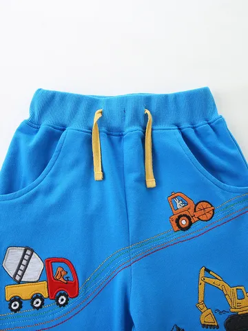 Boys Cotton Athletic Shorts Cartoon Engineering Vehicle Embroidered Kids Casual Summer Sports Shorts Soft Knit Pants
