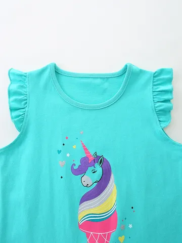 Girls Summer Cotton Pullover Top And Bottom Set Cute Cartoon Unicorn Print Ruffle Short Sleeve T-Shirt With Shorts Pack For Kids Casual Outfits