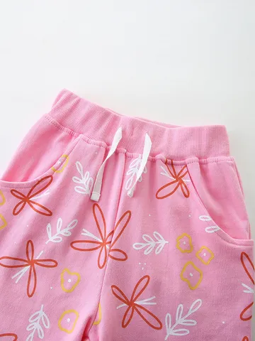 Girls Casual Cotton Shorts Euro-American Style Cartoon Printed Kids Sporty Shorts Pink Comfortable Summer Outfits With Drawstring