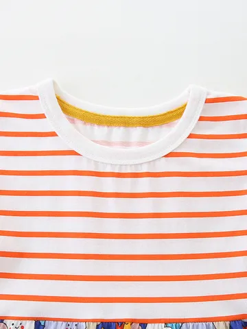 Abito da Bambina Occidentale Carino Morbido Cotone Manica Corta Pullover Girocollo A Righe Stampato Linea ad A Principessa Per Estate Quotidiano Abbigliamento Bambini