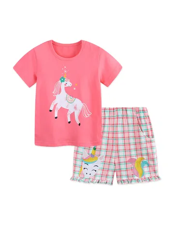 Top E Bottom Completo Bambina Estivo Manica Corta T-Shirt Con Stampa Unicorno Pantaloncini A Quadretti Cotone Casual Bambini Vestiti