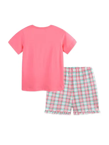 Top E Bottom Completo Bambina Estivo Manica Corta T-Shirt Con Stampa Unicorno Pantaloncini A Quadretti Cotone Casual Bambini Vestiti