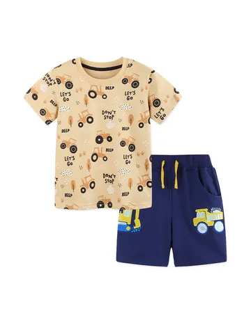 Set T-Shirt E Pantaloncini Stampati con Auto E Trattore per Bambini in Cotone 100% Estivo a Maniche Corte Top E Bottom Set di Abbigliamento Casual per Bambini