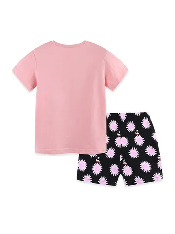 Girls Top And Bottom Casual Cotton Short Sleeve Pink Flamingo Print T-Shirt And Black Shorts For Summer Kids Outfit