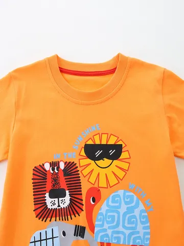 Boys Casual Cotton Short Sleeve T-Shirt Crewneck Western Fashion Printed Tops Multicolor Light Blue Orange Graphic Tee For Toddler