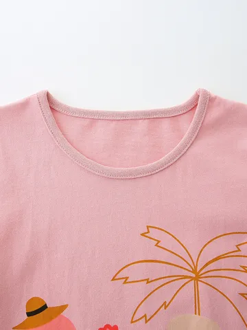 Girls Top And Bottom Casual Cotton Short Sleeve Pink Flamingo Print T-Shirt And Black Shorts For Summer Kids Outfit