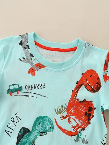 Maglietta a Maniche Corte per Ragazzi in Cotone Stampa Animali Cartoon Dinosauro Top Estivi Girocollo T-Shirt Casual Morbida