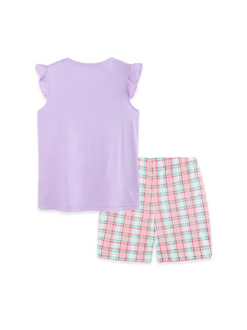 Cute Girls Summer Clothes Set Ruffle Sleeve Purple Top And Plaid Shorts Toddler Embroidered Cotton Two Piece Outfit
