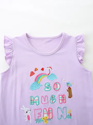 Cute Girls Summer Clothes Set Ruffle Sleeve Purple Top And Plaid Shorts Toddler Embroidered Cotton Two Piece Outfit