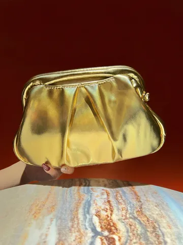 Elegant Pleated Evening Clutch Bag PU Leather Shiny Metallic Handbag With Chain Strap For Women Party Wedding Banquet Bag