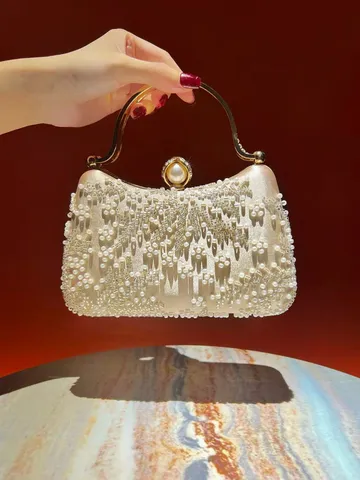 Elegant Polyester Satin Evening Bag Embroidered Artificial Pearl Rhinestone Clutch Metal Handle Chain Crossbody Shoulder Bag For Women Party Wedding Dinner